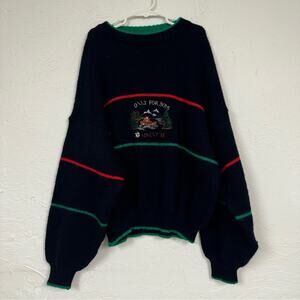 Vintage 80s Navy Blue Wool Embroidered Only For Boys Adventure Sweater Womens XS